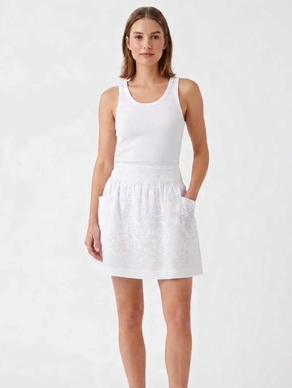 AUGUST SILK White Eyelet Cotton Skirt with Pockets Size 4 Lined Cottagecore